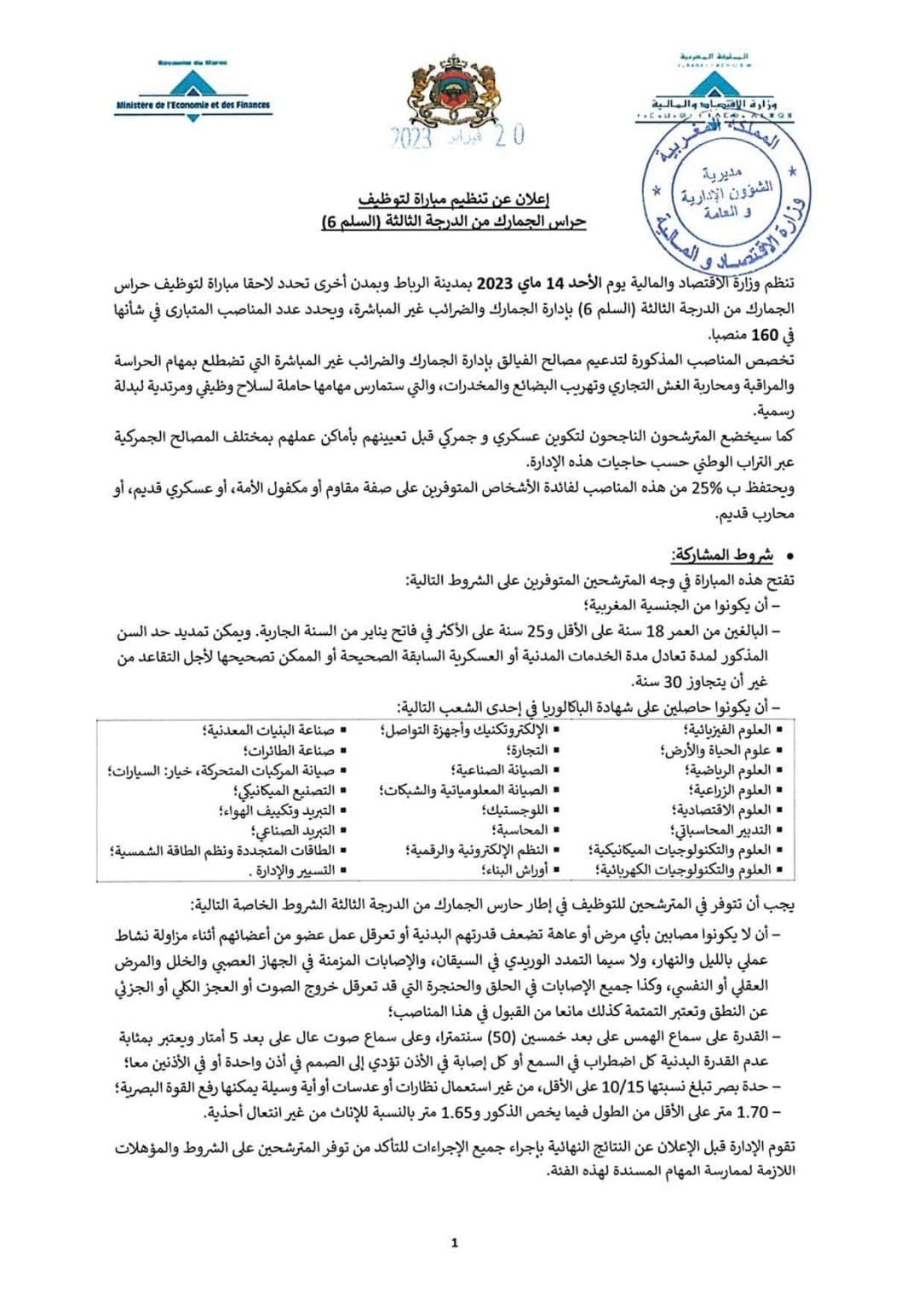 مباراة الجمارك 2023: توظيف 160 حارس الجمارك. آخر أجل هو 8 مارس 2023. إدارة الجمارك والضرائب غير المباشرة تعلن عن مباراة توظيف حارس الجمارك